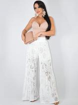 Calça Feminina Pantalona Renda Plissada Cintura Alta