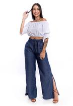 Calça Feminina Pantalona Sarja Jeans Com Lastéx