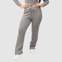 Calça Feminina Pantalona Tricot Modal Wed Leg Cintura Alta Inverno Alto Relevo Grossa Lançamento 2025