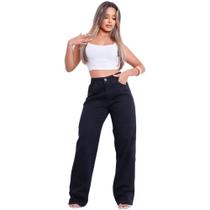 Calça Feminina Pantalona Wide Leg Jeans Linha Premium Lisa com Bolso Cintura Alta Estilosa