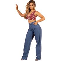 Calça Feminina Pantalona Wide Leg Jeans Linha Premium Lisa com Bolso Cintura Alta Estilosa