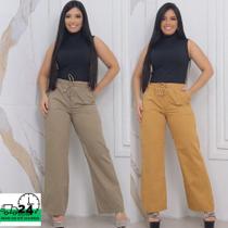 Calça Feminina Pantalona wide leg larga cintura alta e elástico na cintura Verde / Caqui Sarja Moda Blogueira - Faraya Jeans