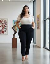 Calça Feminina Plus Size Cós Alto Malha Gorgurinho Confortável Trabalhar E Dia a Dia