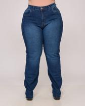 Calça Feminina Plus Size Jeans Reta Bolso Cintura Média