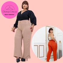 Calça Feminina Plus Size Pantalona Forrada Com Bolso e Detalhes Frontais