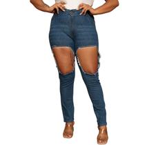 Calça Feminina Plus Size Skinny Lavagem Escura Rasgada Calça Feminina Plus Size Skinny Lavagem Escura Rasgada
