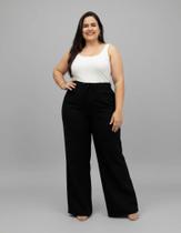 Calça Feminina Plus Size Wide Leg Preta, Sarja, Com Cordão, Até 54
