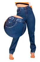 Calça Feminina Premium Mom Jeans Escuro Desfiada Moda Puída