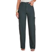 Calca feminina reta cargo linho, cris jeans 3757