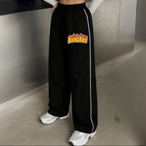 Calça Feminina Reta Larga Preta com Estampa De Bagtan K-POP