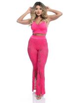 Calça Feminina Rosa Longa de Renda com Fenda Frontal