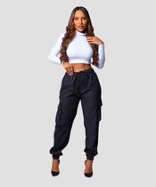 Calça Feminina Sarja Jogger Cargo Cor Preto Razon Jeans