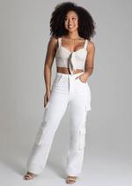 Calça Feminina Sarja Reta Cargo Sawary Premium Original Cintura Alta Moda 278838