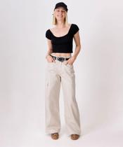 Calça Feminina Sarja Wide Leg Cargo Areia-98039 Calça Feminina Sarja Wide Leg Cargo Areia-98039