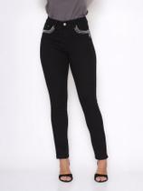 Calça Feminina Skinny Jeans Preto Strass ao Redor do bolso Levanta Bumbum