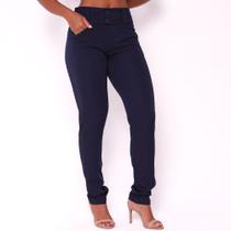 Calça Feminina Skinny Tecido Two Way Azul Marinho Cintura Alta