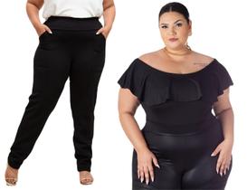 Calça Feminina Social De Malha Gourgurão Cos Alto C/ Elástico Para Senhoras + Body Bori Feminino Plus Size Ombro a Ombro Manga Cavado