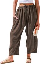 Calça Feminina TARSE de Linho Pantalona com Cordão e Bolsos Cor Café M