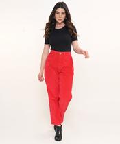 Calça Feminina Veludo Vermelho Mom Razon Jeans