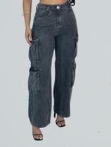 CALÇA FEMININA WIDE LEG CARGO 4 BOLSOS BALÃO CINTURA ALTA Cor:CinzaTamanho:34