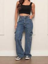 calça feminina wide leg cargo jeans a sarja polso da perna calça feminina wide leg cargo jeans a sarja polso da perna