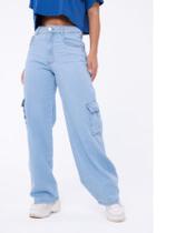 calça feminina wide leg cargo jeans a sarja polso da perna