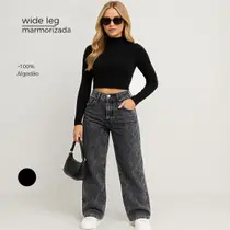 Calça Feminina Wide Leg Cintura Alta Marmorizada Preta Jeans Premium Pantalona