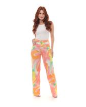 Calça Feminina Wide Leg com Cós Vazado 22548 Estampado Color