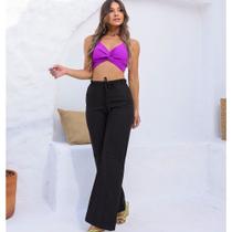 Calça Feminina Wide leg De Linho Pantalona Social Cós Elástico - HIPOLITA