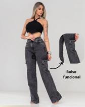 Calça Feminina Wide Leg jeans Chumbo-Marmorizada com bolso cargo cintura alta Calça Feminina Wide Leg jeans Chumbo-Marmorizada com bolso cargo cintura alta