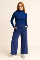 Calça feminina wide leg moletom flanelado com bolsos
