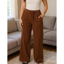 Calça Feminina Wide Leg Pantalona Bolsos Frontais Malha Canelada Premium Conforto Casual