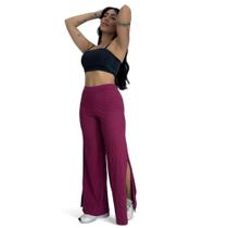 Calça Feminina Wide Leg Pantalona Cintura Alta Tecido Canelado com Fenda Angélica