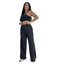 Calça Feminina Wide Leg Pantalona Cintura Alta Tecido Canelado com Fenda Angélica-c2 ANGÉLICA