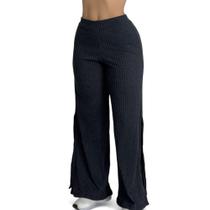 Calça Feminina Wide Leg Pantalona Cintura Alta Tecido Canelado com Fenda Angélica- c3 ANGÉLICA Calça Feminina Wide Leg Pantalona Cintura Alta Tecido Canelado com Fenda Angélica- c3 ANGÉLICA