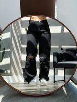 Calça Feminina Wide Leg Preta Com Rasgo No Joelho Go Girl