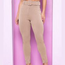 Calça Feminino Canelado 3D Longa com cinto