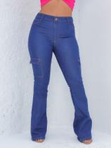 Calça Flare Escura bolso Cargo do lado Cintura alta com lycra Calça Flare Escura bolso Cargo do lado Cintura alta com lycra