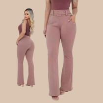 Calça Flare Feminina Cintura Alta Social Jacquard Linho Com Elastano E Cinto