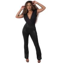 Calça Flare Feminina Cintura Média Tecido 3D Catwalk Preto