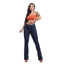 Calça Flare Feminina Jeans Com Licra Cintura Alta Azul Escuro Amaciada 14