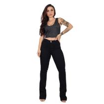 Calça Flare Feminina Jeans Com Licra Cintura Alta Preta Lisa 28