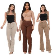 Calça Flare Feminina jeans nas cores bege/caqui super confortável , que se ajusta no corpo
