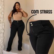 Calça Flare feminina Preta Jeans com STRASS Plus Size - 46