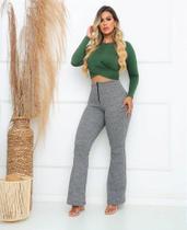 Calça Flare Jacquard com Zíper e Bolsos - Cinza Mescla