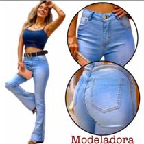 Calça Flare Modeladora Jeans Feminina Cintura Alta Com Lycra