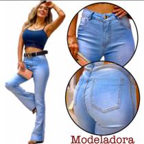 Calça Flare Modeladora Jeans Feminina Cintura Alta Com Lycra Calça Flare Modeladora Jeans Feminina Cintura Alta Com Lycra