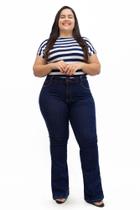 Calça Flare Plus Size, Azul Jeans, Cintura Alta, Bolso Bordado