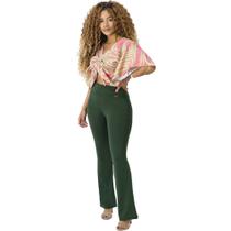 Calça Flare Ponto Roma Catwalk Feminina Cintura Média Cós Médio Com Elástico Verde Militar