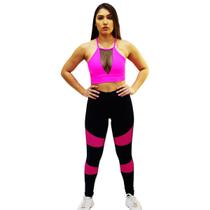 Calça fuso de suplex poliamida academia exercício fitness detalhe em arrastão colorido